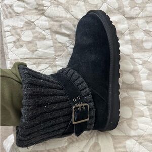 UGG Black Suede Boots with Knit Cuff and buckle